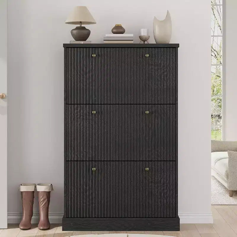 Modern 3-Door Flip-Down Shoe Cabinet with Fluted Design. Adjustable Shelves in a Narrow Freestanding Organizer for Entryway or Hallway.