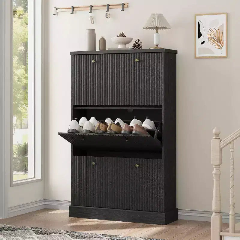 Modern 3-Door Flip-Down Shoe Cabinet with Fluted Design. Adjustable Shelves in a Narrow Freestanding Organizer for Entryway or Hallway.