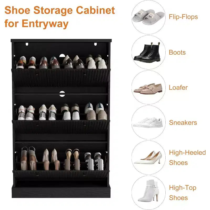 Modern 3-Door Flip-Down Shoe Cabinet with Fluted Design. Adjustable Shelves in a Narrow Freestanding Organizer for Entryway or Hallway.