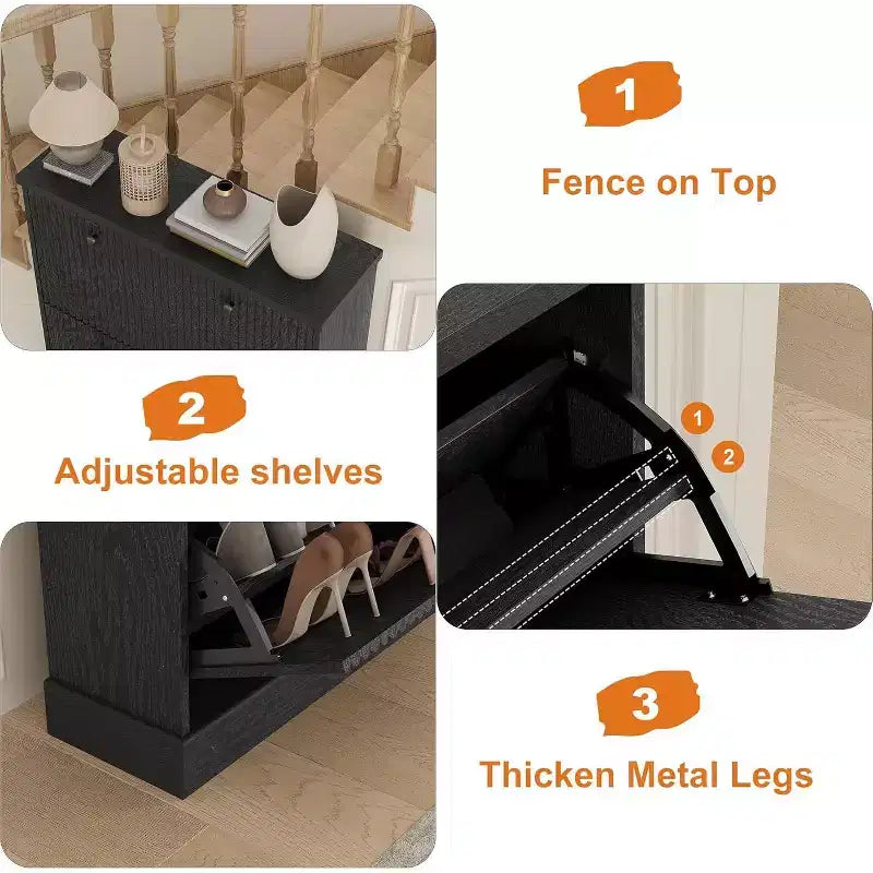 Modern 3-Door Flip-Down Shoe Cabinet with Fluted Design. Adjustable Shelves in a Narrow Freestanding Organizer for Entryway or Hallway.