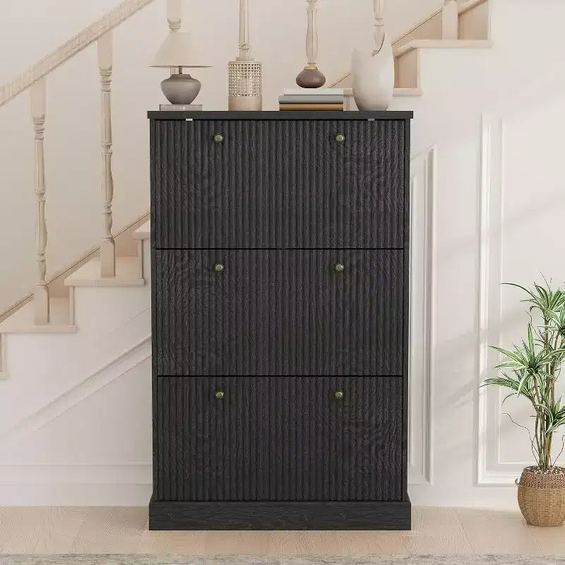 Modern 3-Door Flip-Down Shoe Cabinet with Fluted Design. Adjustable Shelves in a Narrow Freestanding Organizer for Entryway or Hallway.