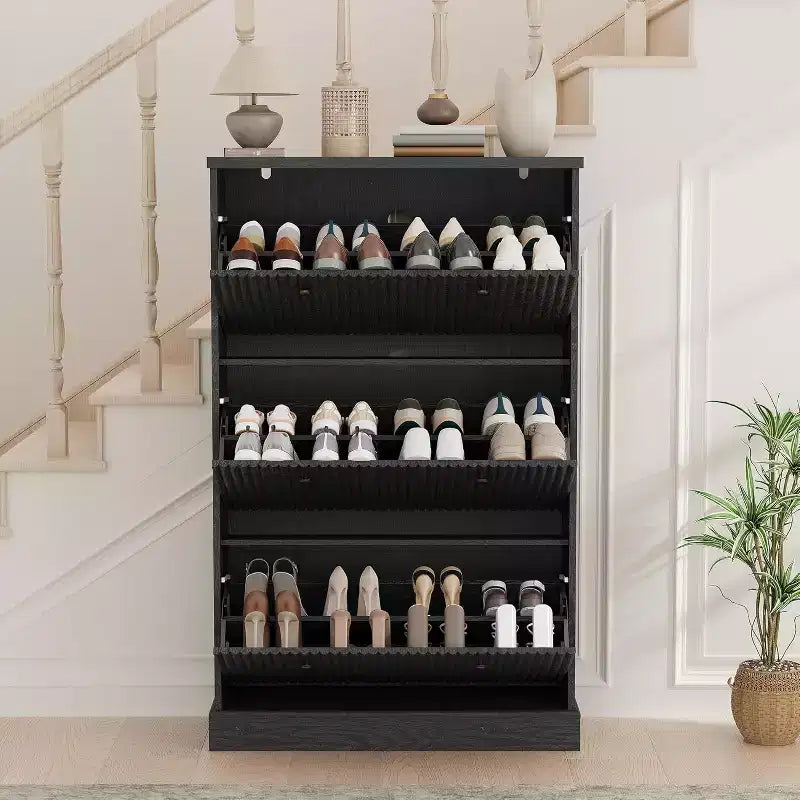 Modern 3-Door Flip-Down Shoe Cabinet with Fluted Design. Adjustable Shelves in a Narrow Freestanding Organizer for Entryway or Hallway.