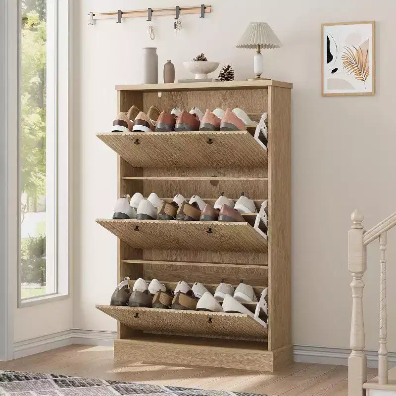 Modern 3-Door Flip-Down Shoe Cabinet with Fluted Design. Adjustable Shelves in a Narrow Freestanding Organizer for Entryway or Hallway.