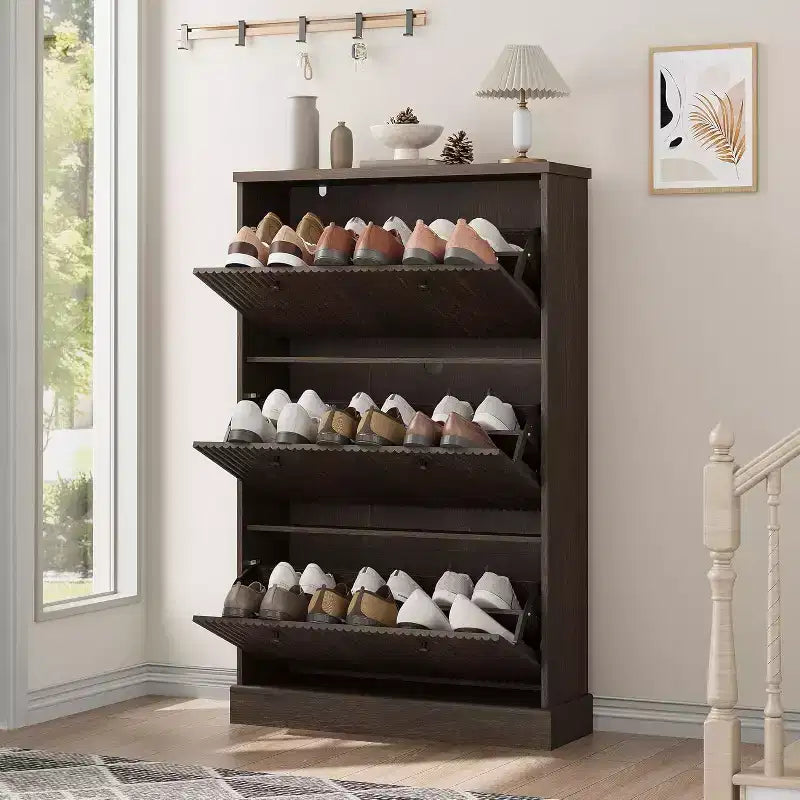 Modern 3-Door Flip-Down Shoe Cabinet with Fluted Design. Adjustable Shelves in a Narrow Freestanding Organizer for Entryway or Hallway.
