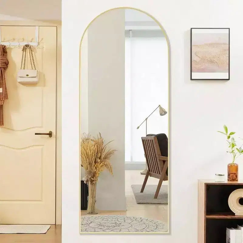 64x21 Gold Arched Mirror with Aluminum Frame. A Full Length Standing or Leaning Mirror for Bedroom or Cloakroom