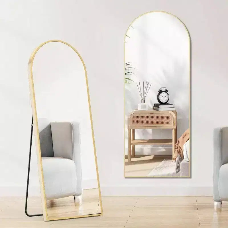 64x21 Gold Arched Mirror with Aluminum Frame. A Full Length Standing or Leaning Mirror for Bedroom or Cloakroom