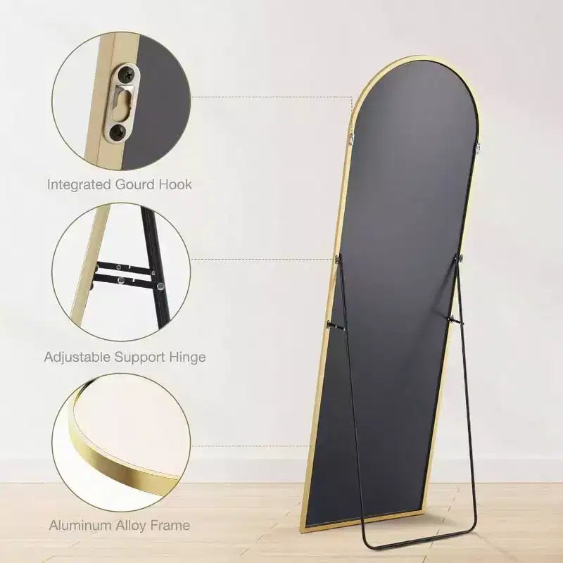 64x21 Gold Arched Mirror with Aluminum Frame. A Full Length Standing or Leaning Mirror for Bedroom or Cloakroom