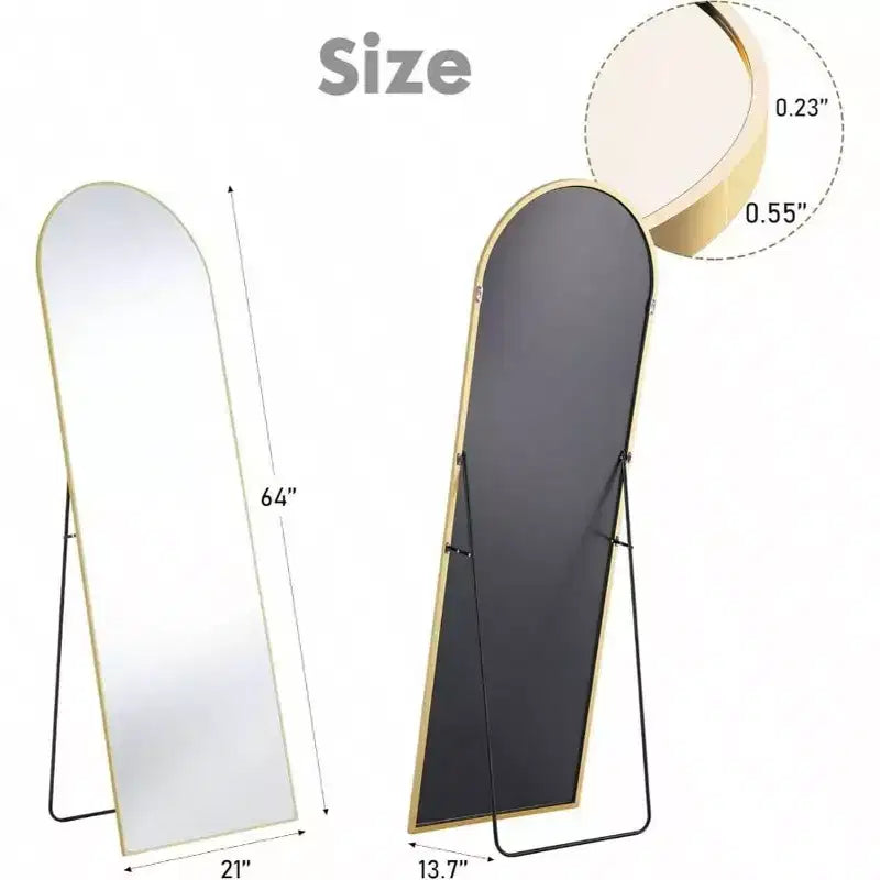 64x21 Gold Arched Mirror with Aluminum Frame. A Full Length Standing or Leaning Mirror for Bedroom or Cloakroom