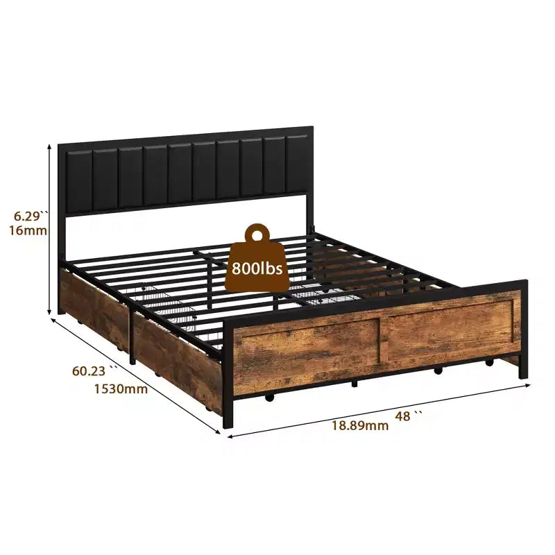 Retro-Style Bed Frame with Leather Headboard, Wheeled Storage Drawers and Noise Reduction Design
