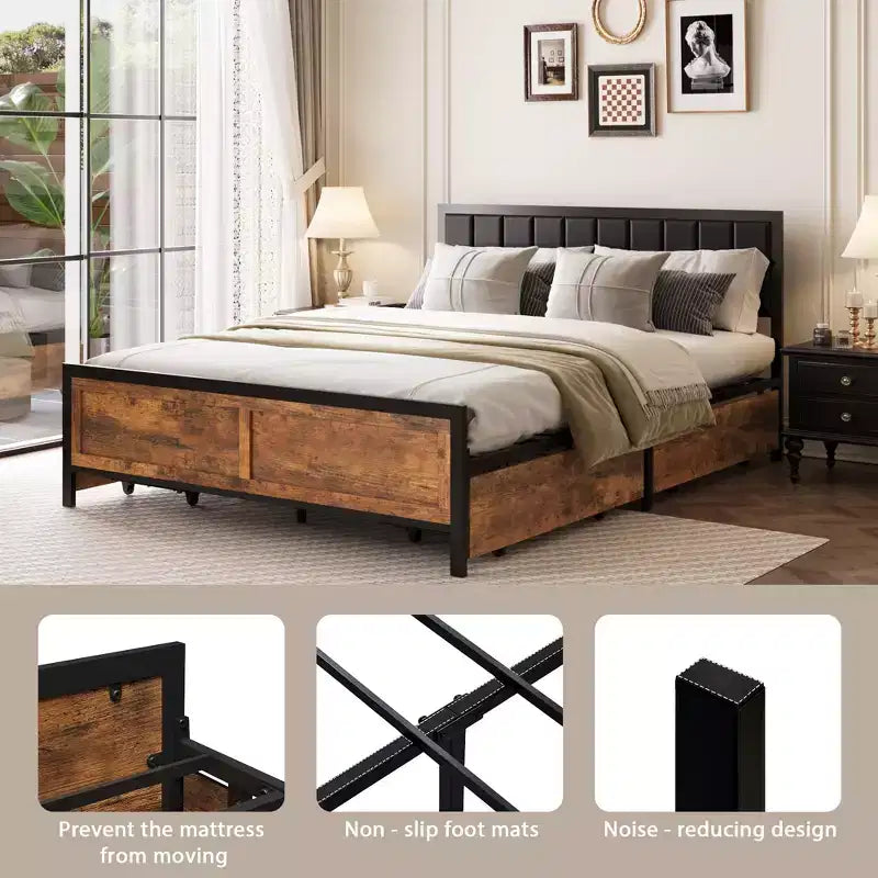Retro-Style Bed Frame with Leather Headboard, Wheeled Storage Drawers and Noise Reduction Design