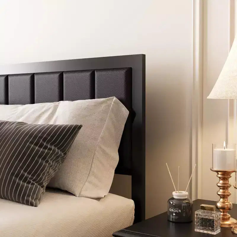 Retro-Style Bed Frame with Leather Headboard, Wheeled Storage Drawers and Noise Reduction Design