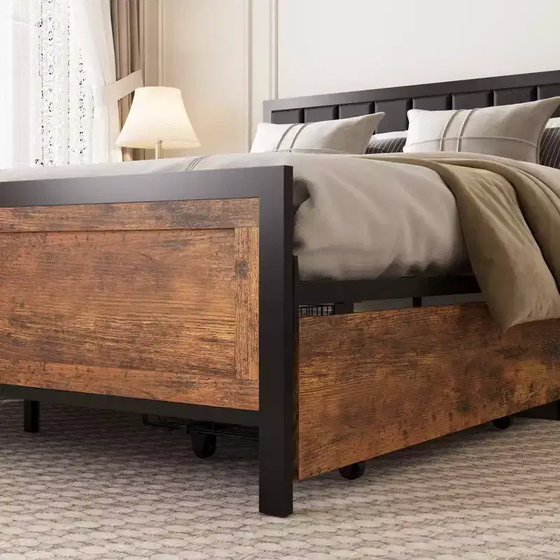 Retro-Style Bed Frame with Leather Headboard, Wheeled Storage Drawers and Noise Reduction Design