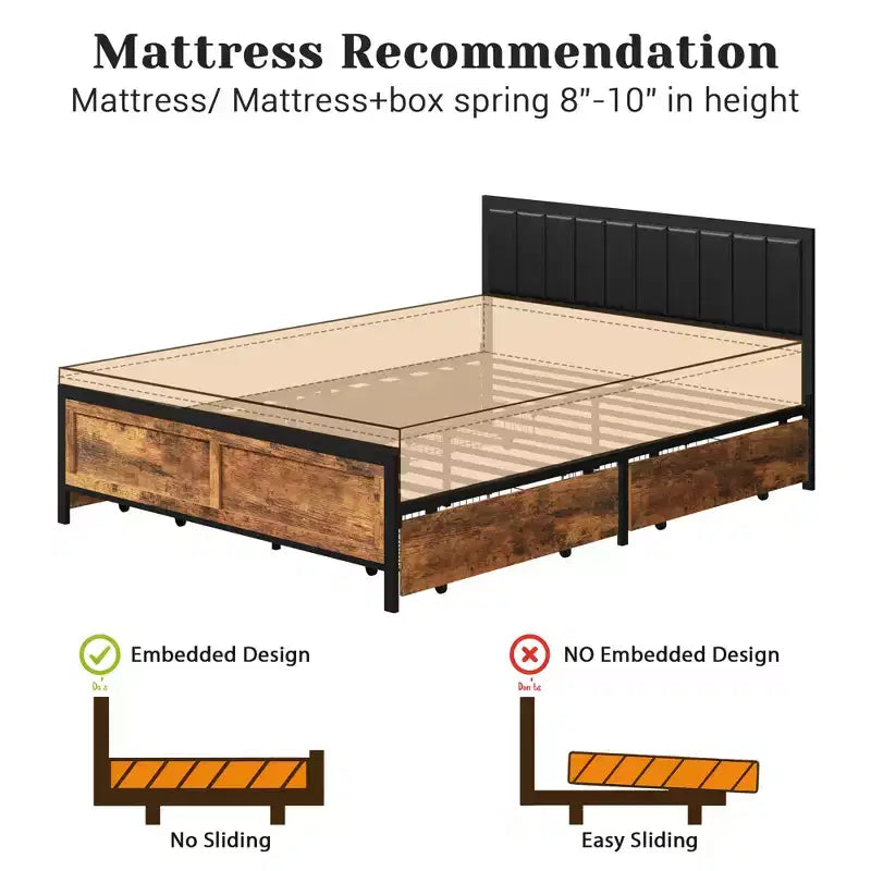 Retro-Style Bed Frame with Leather Headboard, Wheeled Storage Drawers and Noise Reduction Design