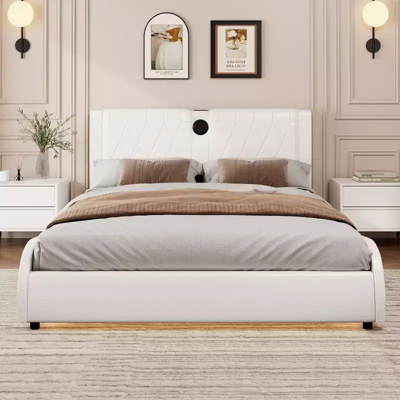 Modern Faux Leather Upholstered Platform Bed with Integrated Bluetooth Speakers and Thickened Headboard