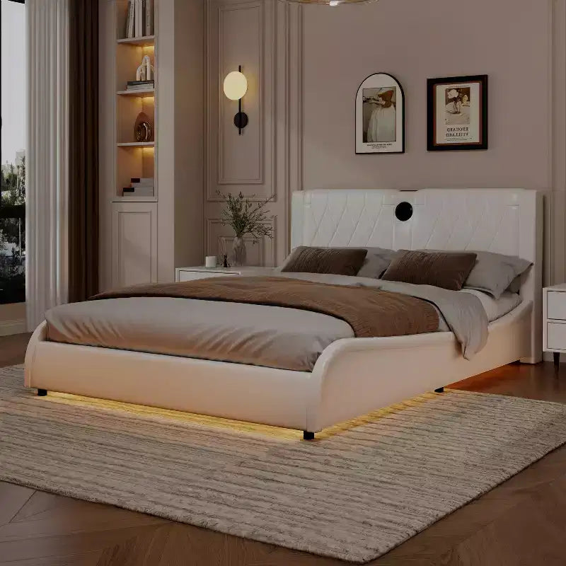 Modern Faux Leather Platform Bed with Bluetooth Speakers, RGB LED and Thickened Headboard