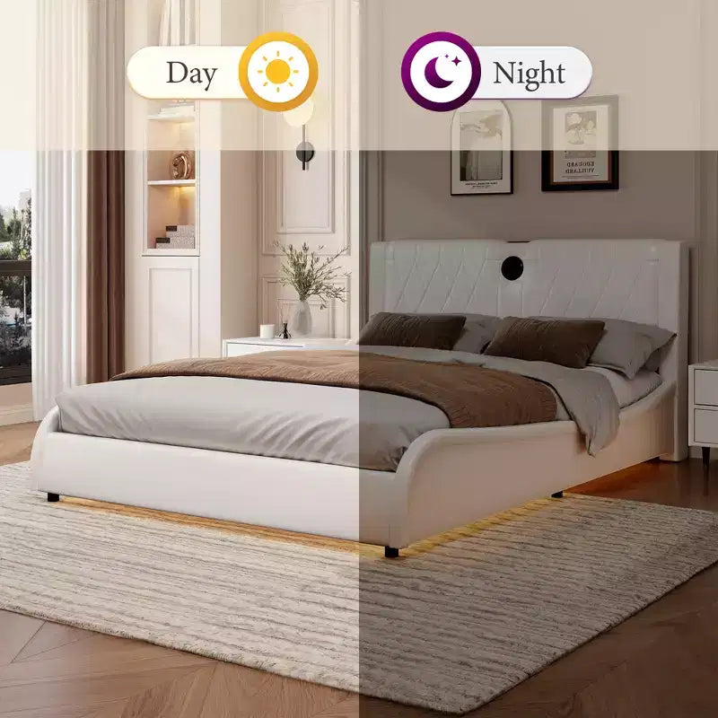 Modern Faux Leather Platform Bed with Bluetooth Speakers, RGB LED and Thickened Headboard