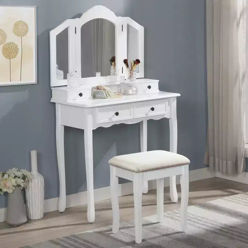 31.5-Inch Three-Sided Beveled Mirror Wooden Vanity with 2 Drawers and Stool, White