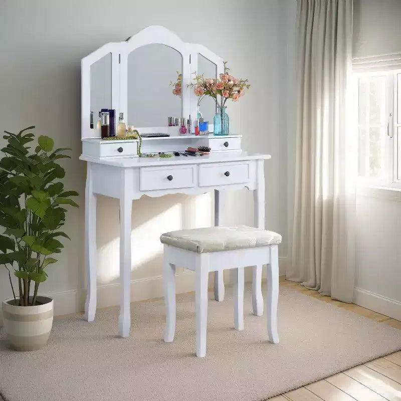 31.5-Inch Three-Sided Beveled Mirror Wooden Vanity with 2 Drawers and Stool, White