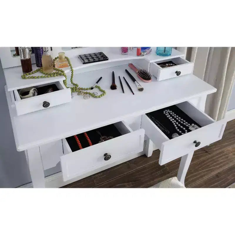 31.5-Inch Three-Sided Beveled Mirror Wooden Vanity with 2 Drawers and Stool, White