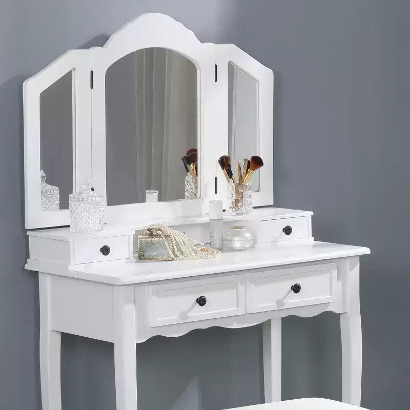 31.5-Inch Three-Sided Beveled Mirror Wooden Vanity with 2 Drawers and Stool, White