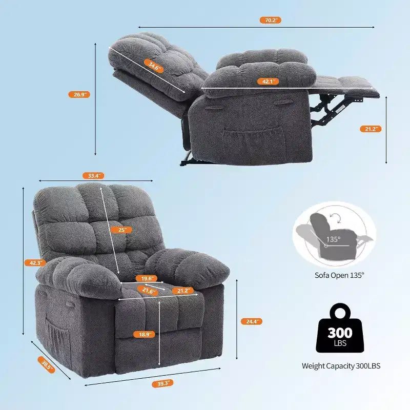 Gray Manual Recliner Chair, Overstuffed Ergonomic Fabric Sofa with Side Pocket and Steel Frame