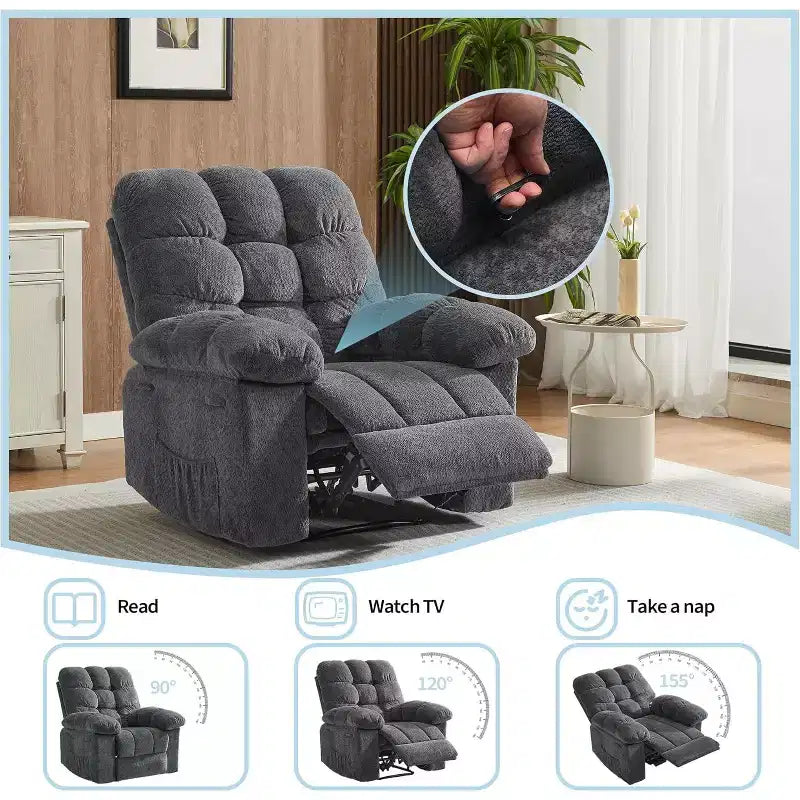 Gray Manual Recliner Chair, Overstuffed Ergonomic Fabric Sofa with Side Pocket and Steel Frame
