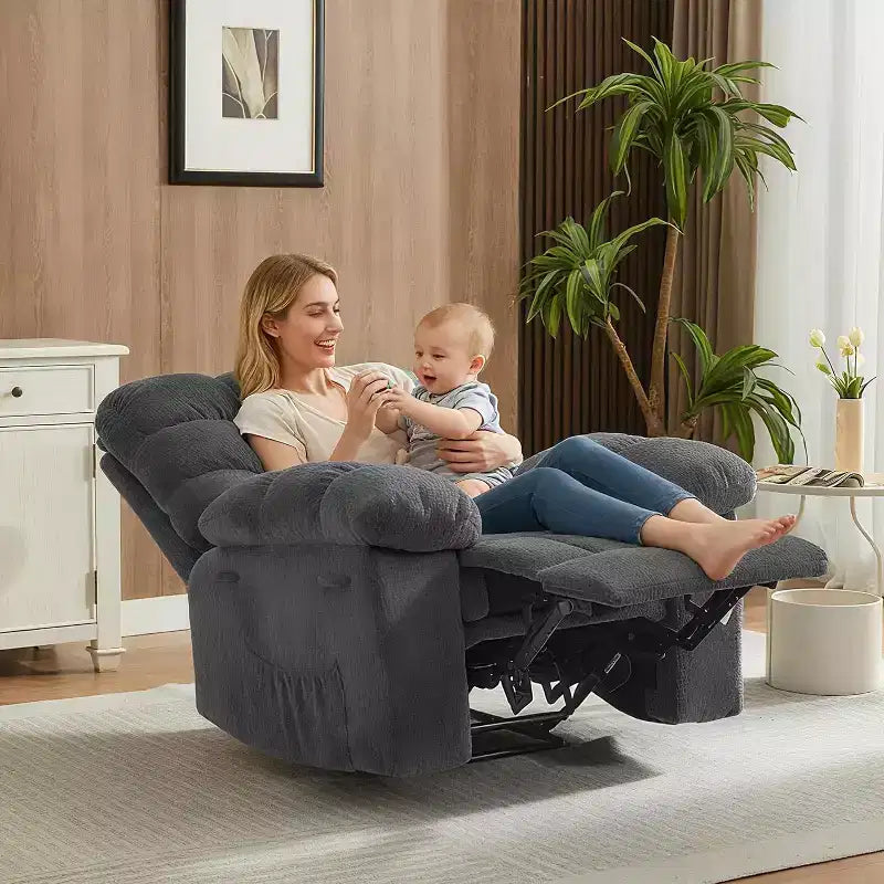 Gray Manual Recliner Chair, Overstuffed Ergonomic Fabric Sofa with Side Pocket and Steel Frame