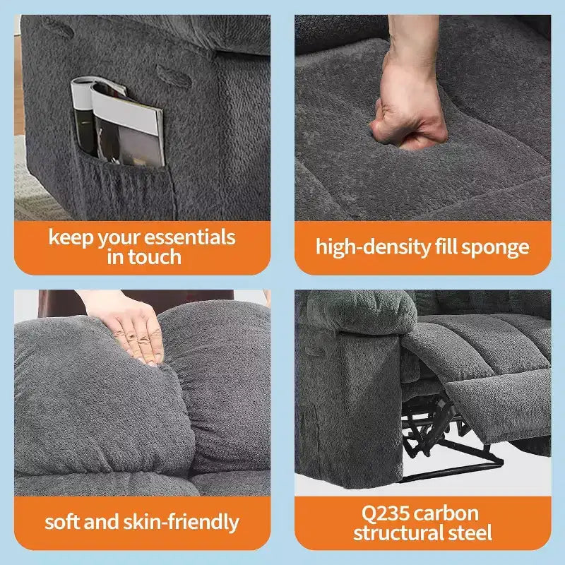Gray Manual Recliner Chair, Overstuffed Ergonomic Fabric Sofa with Side Pocket and Steel Frame