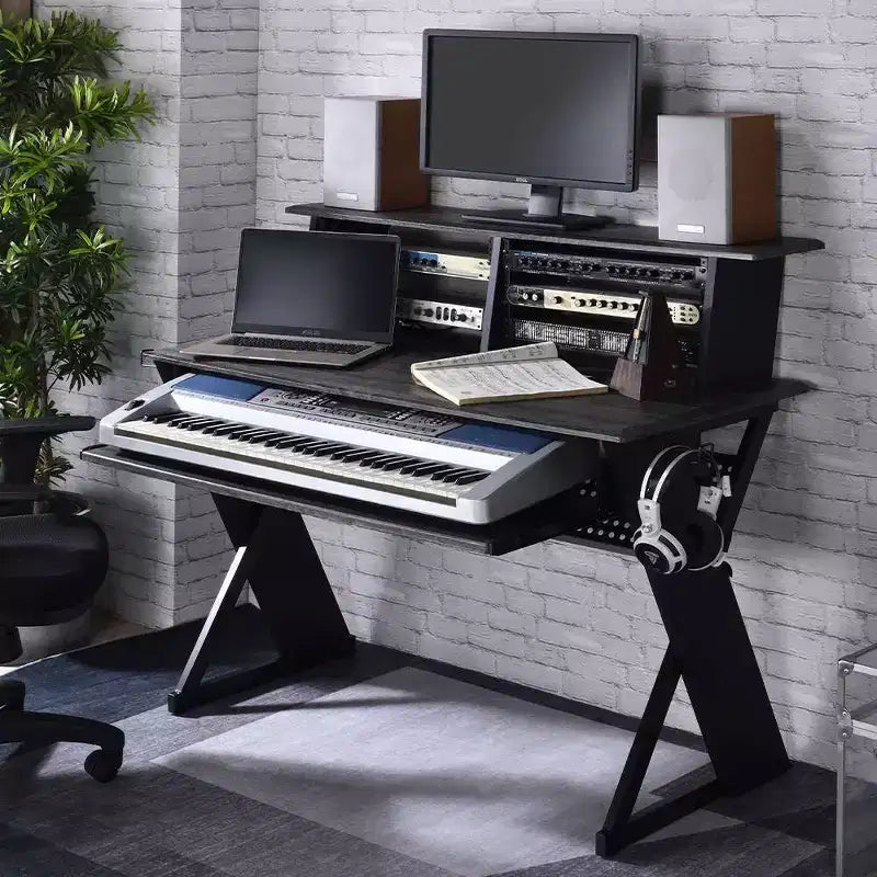 47-Inch Music Desk with Keyboard Tray, Earphone Rack and Cord Management, Black