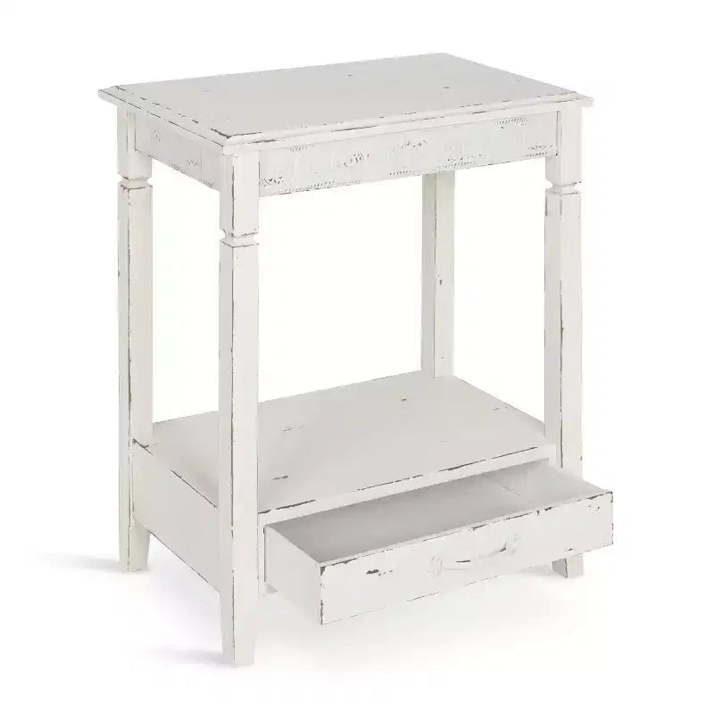 Rectangle Wood Side Table with Drawer and Shelf, 13.5x22x27.75, White