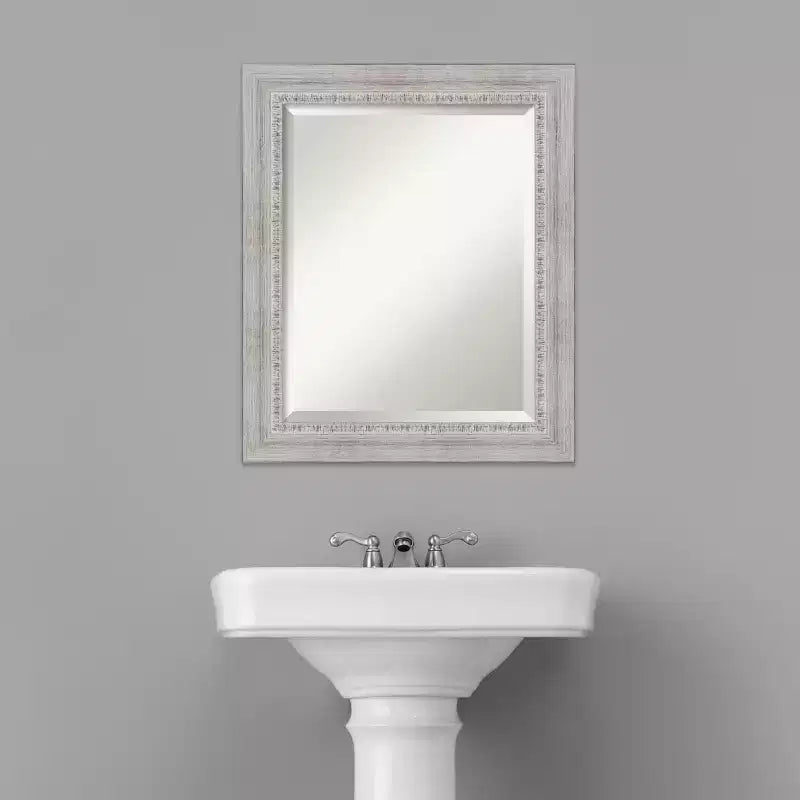 Rustic White Wash Beveled Wood Bathroom Wall Mirror