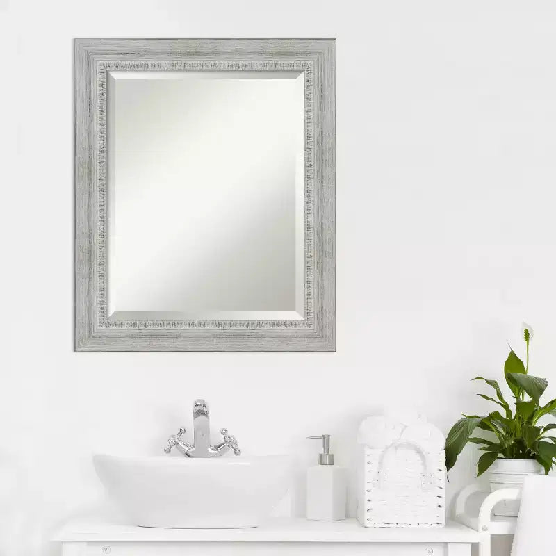 Rustic White Wash Beveled Wood Bathroom Wall Mirror