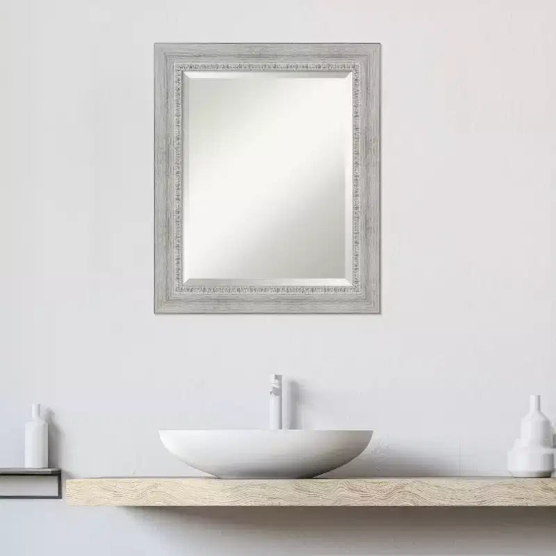 Rustic White Wash Beveled Wood Bathroom Wall Mirror