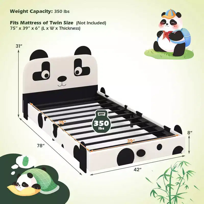 Twin Size Kids Toddler Upholstered Low Profile Bed Frame with Panda Headboard