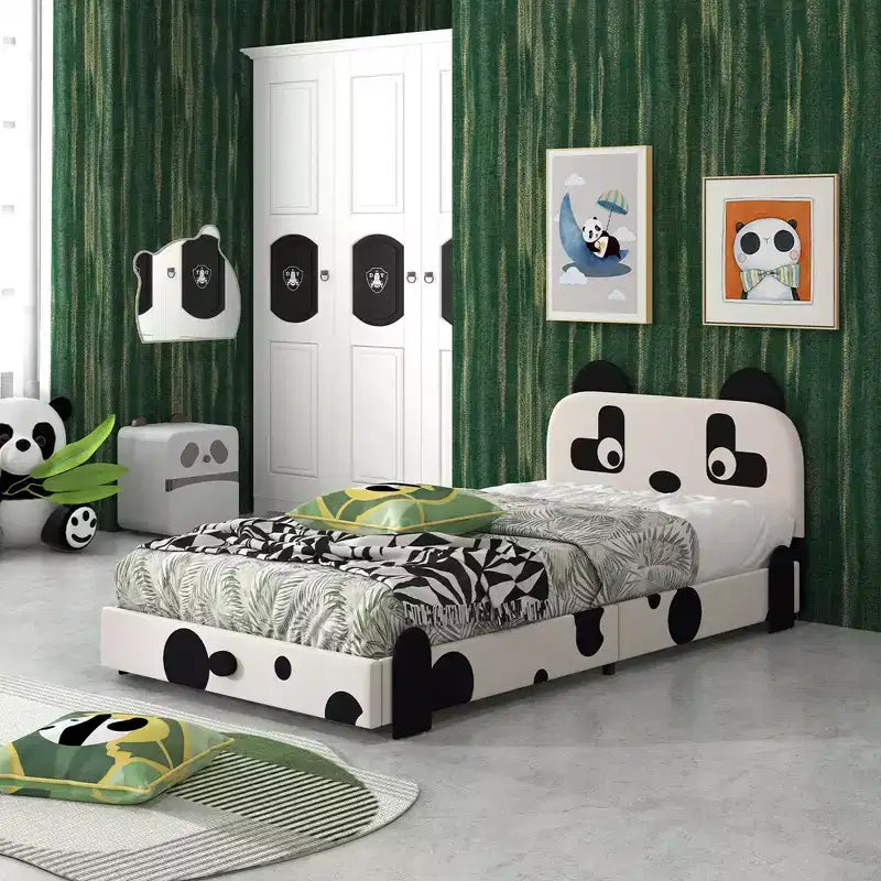 Twin Size Kids Toddler Upholstered Low Profile Bed Frame with Panda Headboard