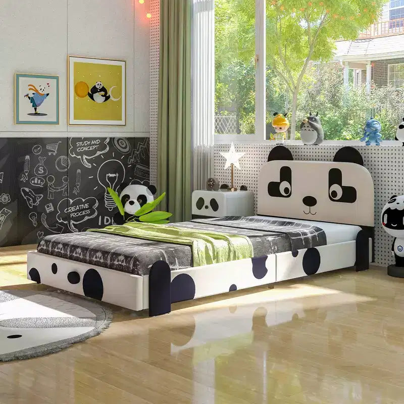Twin Size Kids Toddler Upholstered Low Profile Bed Frame with Panda Headboard