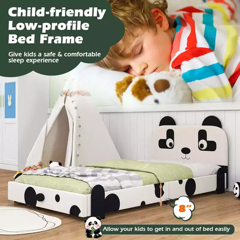 Twin Size Kids Toddler Upholstered Low Profile Bed Frame with Panda Headboard