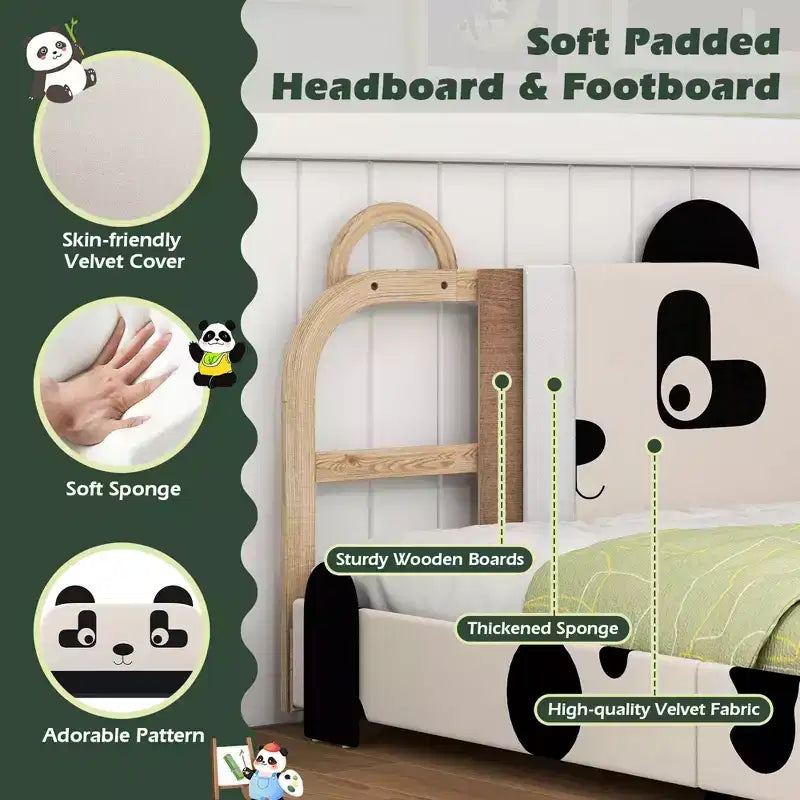 Twin Size Kids Toddler Upholstered Low Profile Bed Frame with Panda Headboard