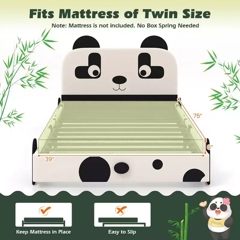 Twin Size Kids Toddler Upholstered Low Profile Bed Frame with Panda Headboard