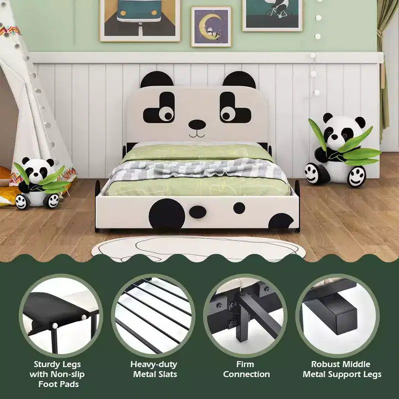 Twin Size Kids Toddler Upholstered Low Profile Bed Frame with Panda Headboard