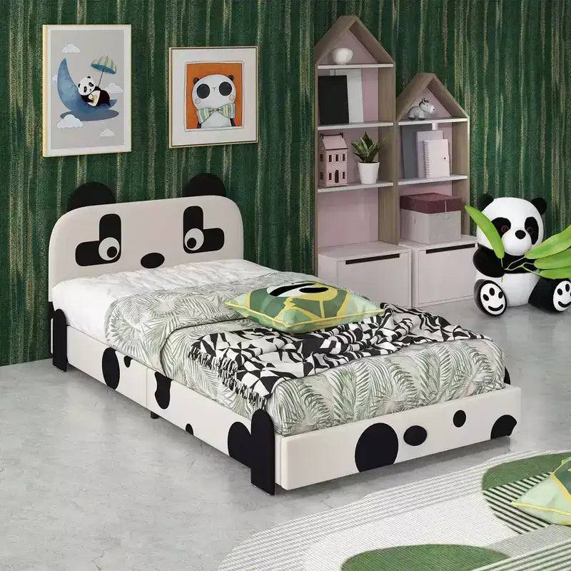 Twin Size Kids Toddler Upholstered Low Profile Bed Frame with Panda Headboard