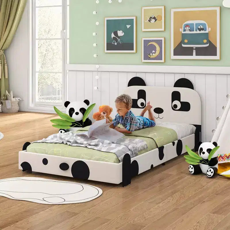 Twin Size Kids Toddler Upholstered Low Profile Bed Frame with Panda Headboard