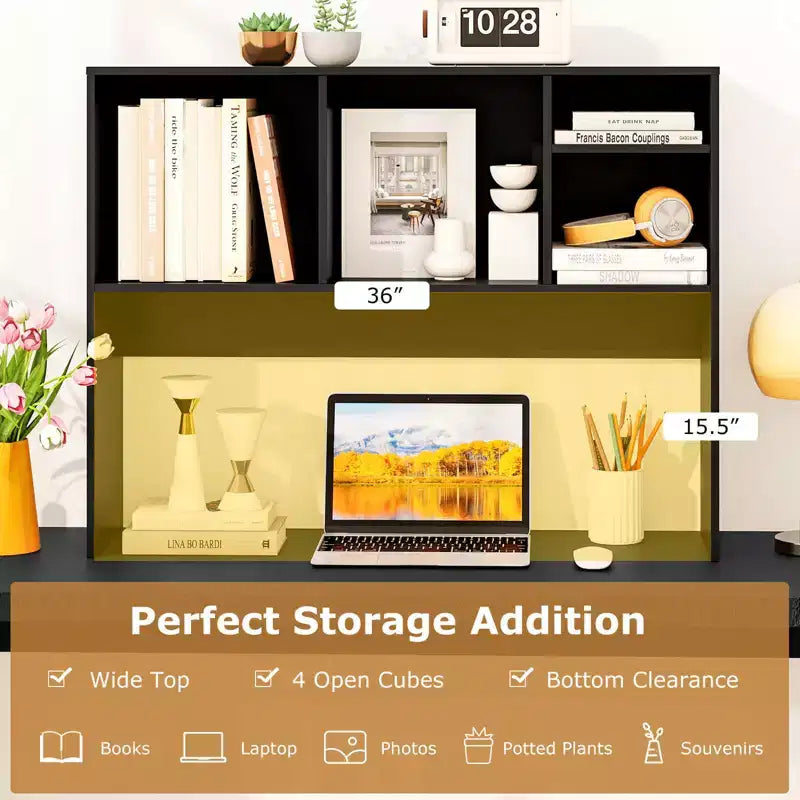 Desktop Bookcase Countertop Storage Organizer with 4 Cubbies, Natural/White