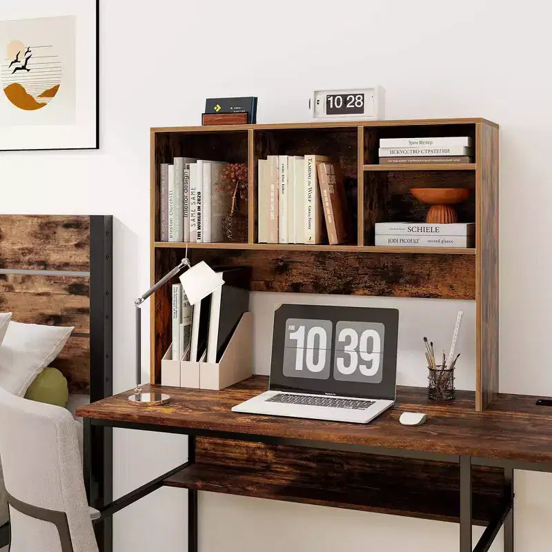 Desktop Bookcase Countertop Storage Organizer with 4 Cubbies, Natural/White