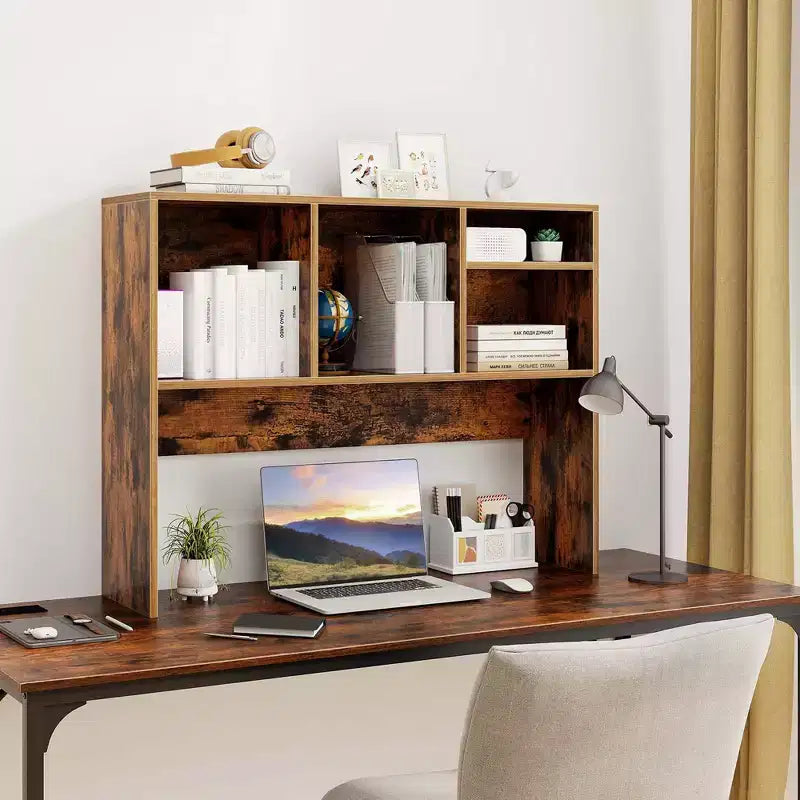 Desktop Bookcase Countertop Storage Organizer with 4 Cubbies, Natural/White
