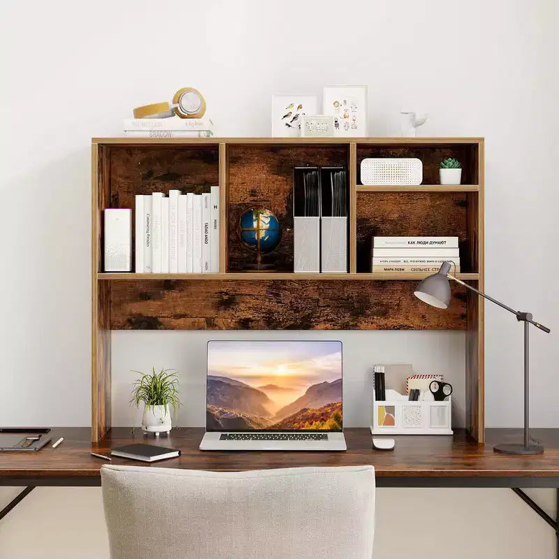 Desktop Bookcase Countertop Storage Organizer with 4 Cubbies, Natural/White