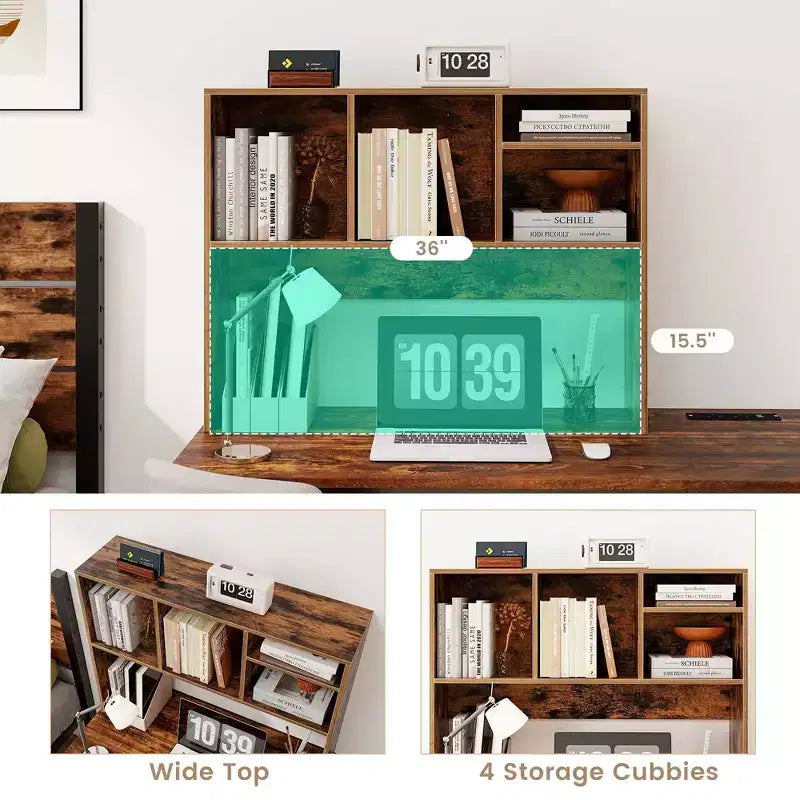 Desktop Bookcase Countertop Storage Organizer with 4 Cubbies, Natural/White