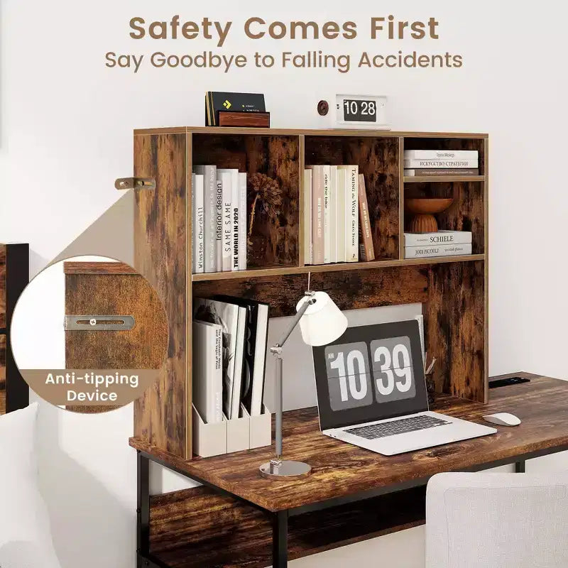 Desktop Bookcase Countertop Storage Organizer with 4 Cubbies, Natural/White