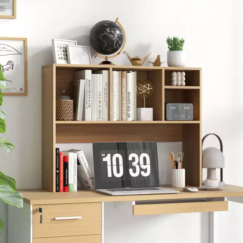 Desktop Bookcase Countertop Storage Organizer with 4 Cubbies, Natural/White