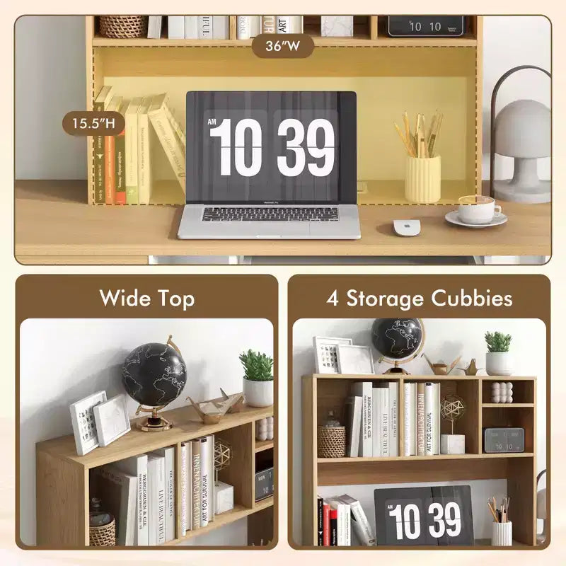 Desktop Bookcase Countertop Storage Organizer with 4 Cubbies, Natural/White